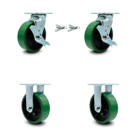 Service Caster 6 Inch Green Poly on Cast Iron Caster Set with 2 Brakes/Swivel Lock 2 Rigid SCC SCC-30CS620-PUR-GB-TLB-BSL-2-R-2